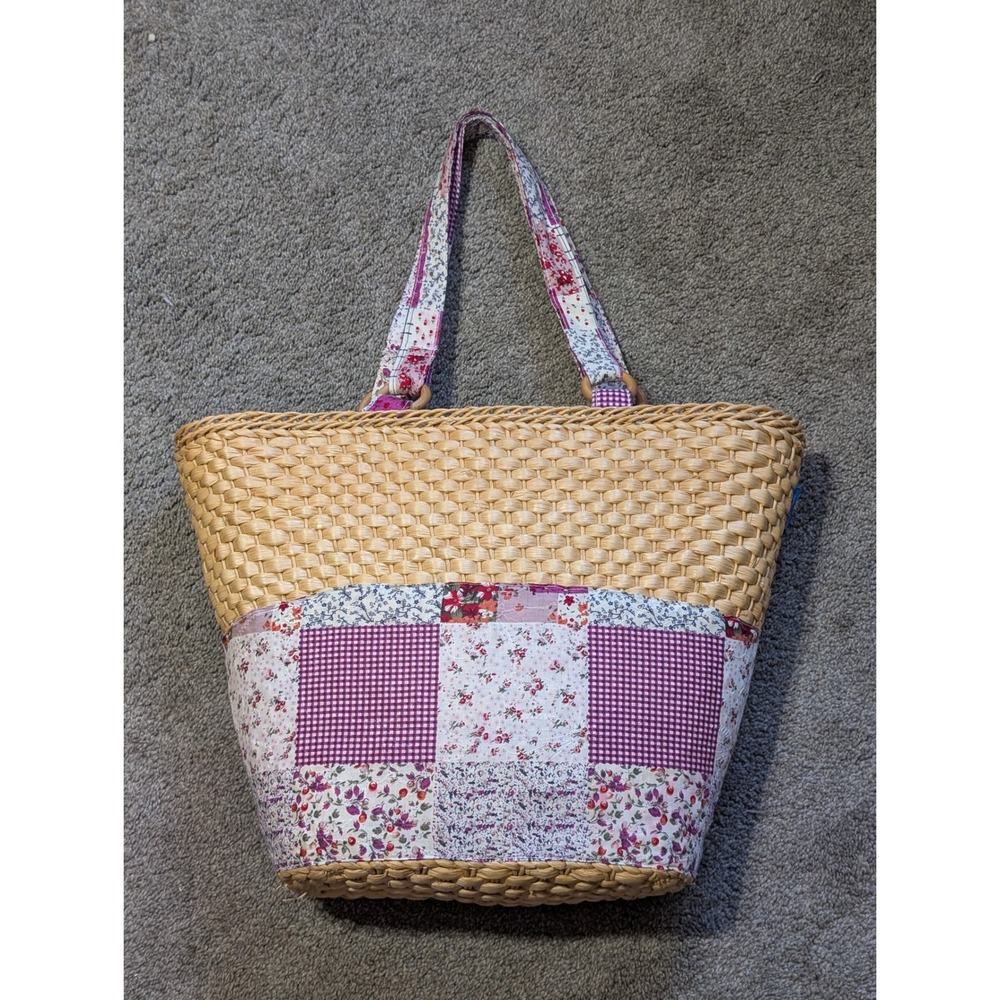 Woven Straw Patchwork Tote Bag Floral Gingham Pink Purple Cottagecore